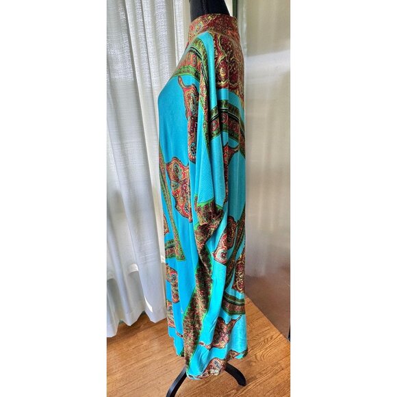 Vintage 70s muumuu, peacock blue, orange green abstract print, front zipper - Picture 5 of 10